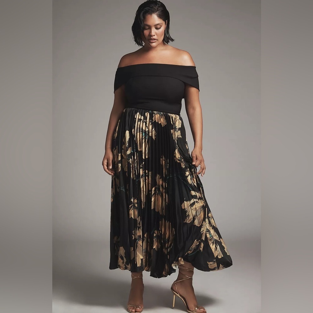 Anthropologie Black One-Shoulder Midi Dress with Gold Floral Pleats - Picture 4 of 6